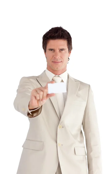 Businessman showing a white business card — Stock Photo, Image