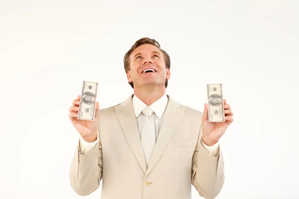 Biznesmen z pieniędzy patrząc w górę — Zdjęcie stockowe