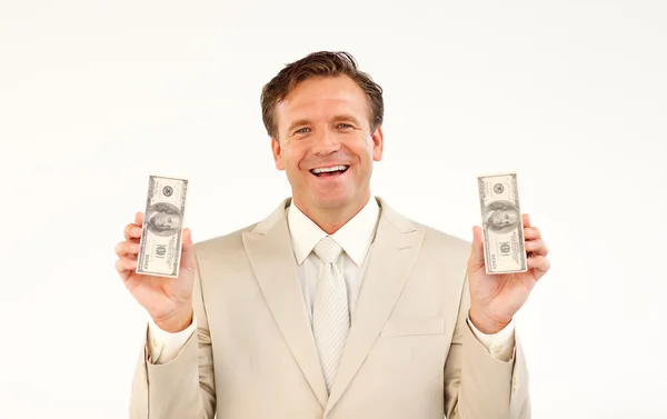 Дружелюбный бизнесмен с долларами — стоковое фото