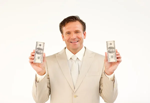 Serious businessman manager with dollars — Stock Photo, Image
