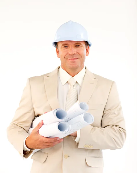 Friendly engineer with blueprints — Stock Photo, Image