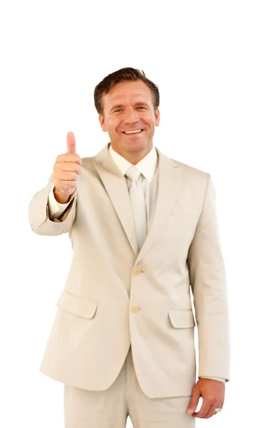 Homem de negócios sênior feliz mostrando um sinal de sucesso — Fotografia de Stock