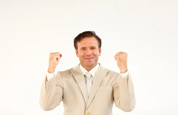 Friendly business person holding hands upwards — Stock Photo, Image