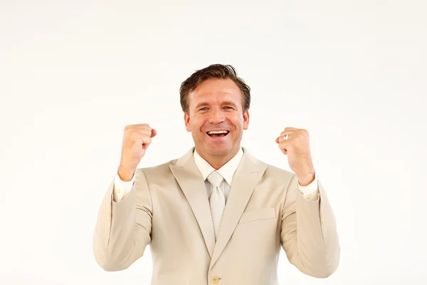 Veselá obchodní manažer drží za ruce nahoru — Stock fotografie