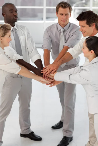 Close-up da equipe de negócios sorridente com as mãos juntas — Fotografia de Stock