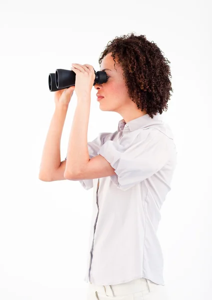Successful businesswoman with binoculars — Stock Photo, Image