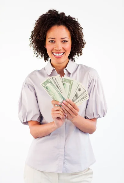 Smiling Afro-American businesswoman showing dollars — Stock Photo, Image