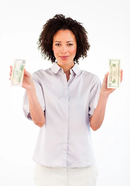 Morena empresária segurando dólares — Fotografia de Stock