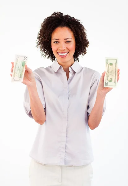 Sonriente morena empresaria sosteniendo dólares —  Fotos de Stock