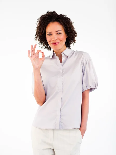 Young businesswoman showing okay sign — Stock Photo, Image