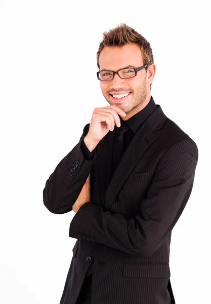 Zufriedener Geschäftsmann mit Brille, der in die Kamera blickt — Stockfoto