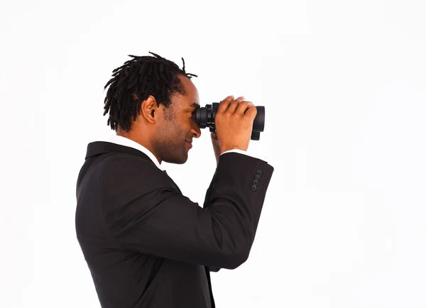 Όμορφος αφρο-αμερικανικό επιχειρηματίας κρατώντας κιάλια προς τα πάνω — Φωτογραφία Αρχείου