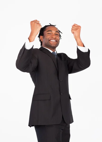 Successful businessman with raised arms — Stock Photo, Image