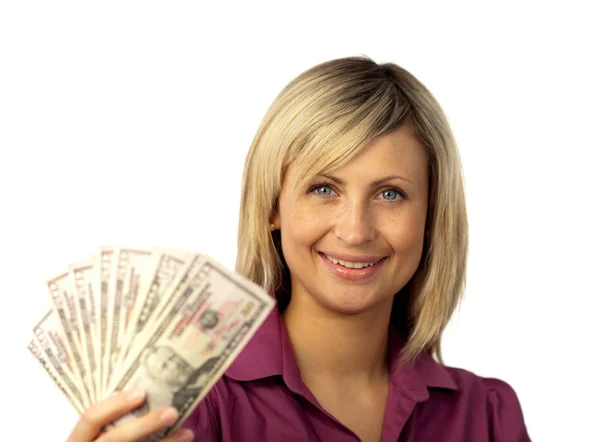 Happy woman holding dollars Royalty Free Stock Images