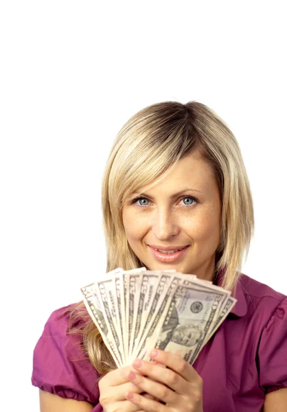 Happy woman holding dollars Stock Picture