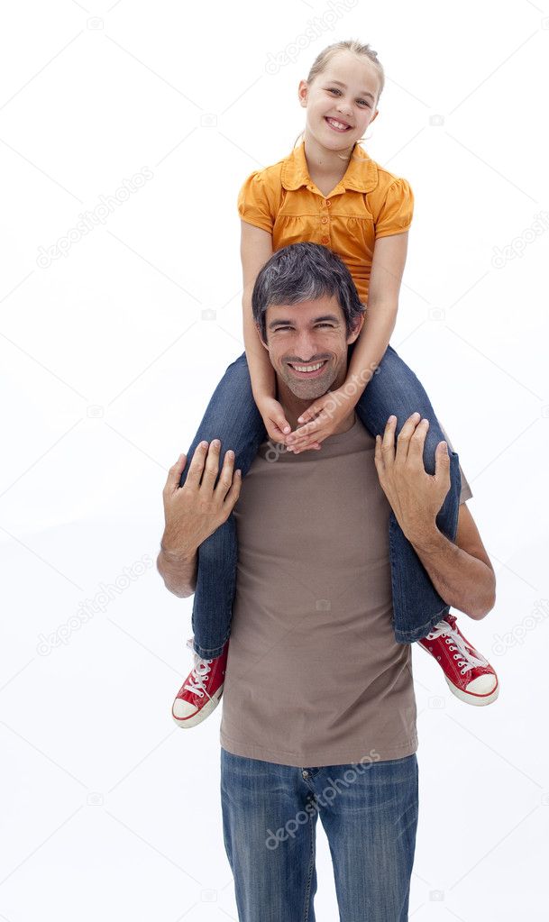 Man giving boy piggyback ride Man giving boy piggy back ride against white  background, model