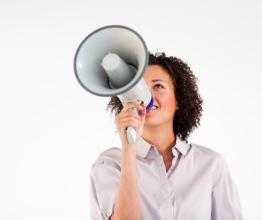 Businesswoman shouting through megaphone clipart