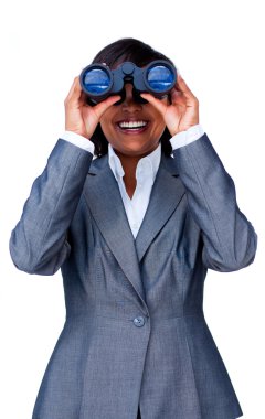 Young hispanic businesswoman using binoculars clipart