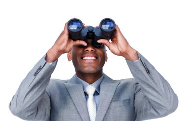 Smiling businessman looking through binoculars clipart