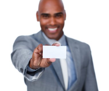 Afro-american businessman holding a white card clipart