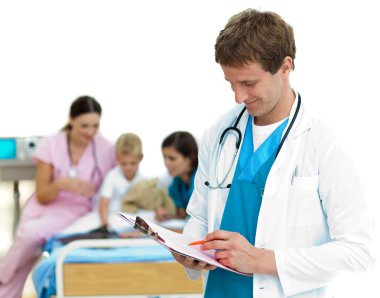 Serious doctor examining a patient's folder clipart