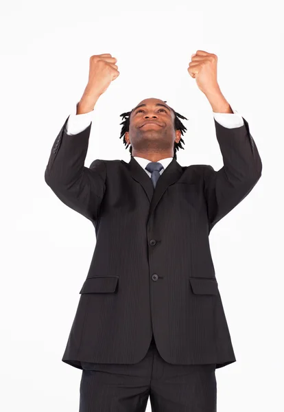 Businessman with raised arms looking upwards — Stock Photo, Image