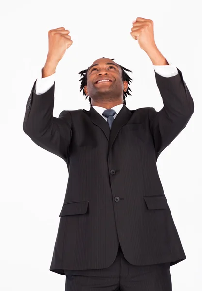 Щасливий бізнесмен з піднятими руками — стокове фото