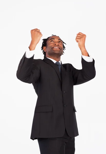 Handsome businessman with raised arms — Stock Photo, Image