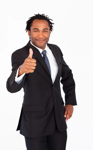 Empresário atraente mostrando polegar para cima — Fotografia de Stock