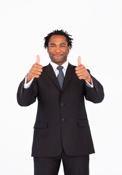Handsome businessman with thumbs up — Stock Photo, Image