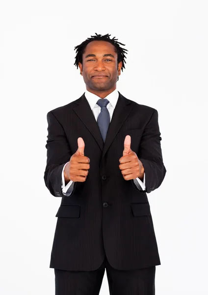 Portrait of afro-american businessman with thumbs up — Stock Photo, Image