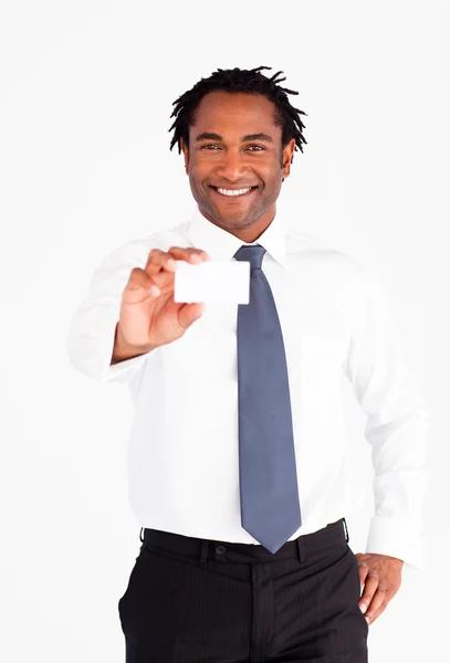 Smiling businessman holding white card — Stock Photo, Image