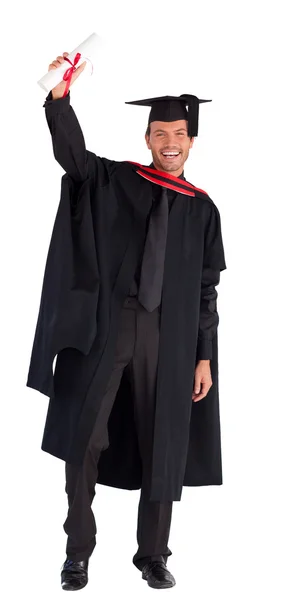 Usměvavý chlapec ukazuje svůj diplom s kamerou — Stock fotografie