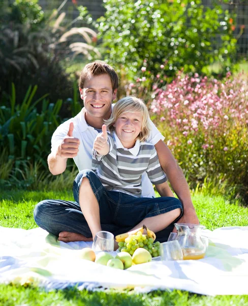Vater und Sohn bei einem Picknick mit erhobenem Daumen — Stockfoto