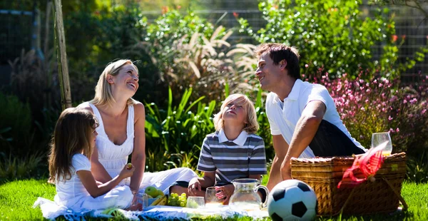 Lycklig familj njuter av solen i en picknick — Stockfoto