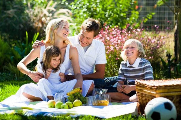 Samenspelen in een picknick en gelukkige familie — Stockfoto