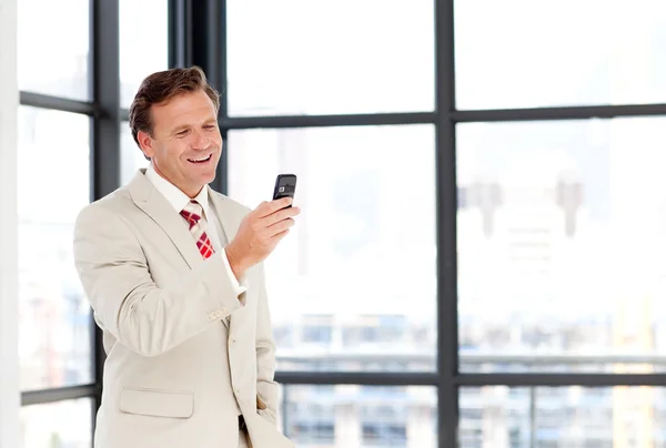 Mature businessman texting with copy-space — Stock Photo, Image