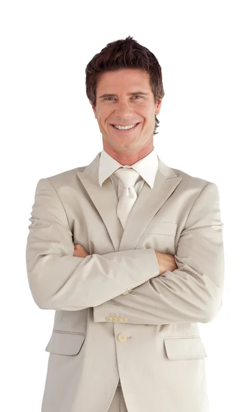 Stilig affärsman leende mot vit bakgrund — Stockfoto