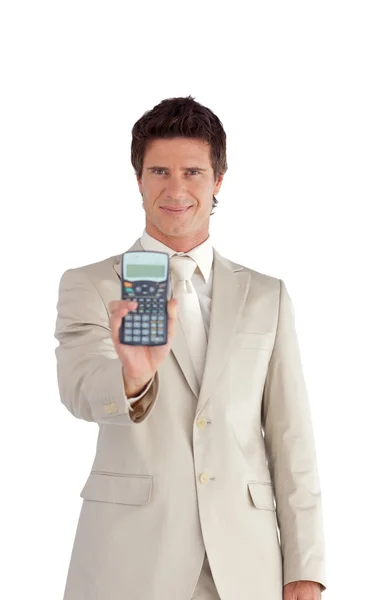 Veselá podnikatel drží kalkulačka — Stock fotografie