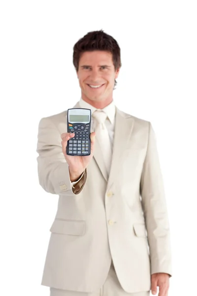 Hombre de negocios alegre sosteniendo una calculadora —  Fotos de Stock