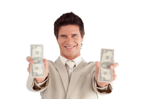 Radioso uomo d'affari che mostra dollari — Foto Stock