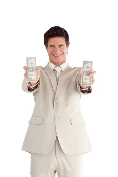 Radiant businessman showing dollars — Stock Photo, Image
