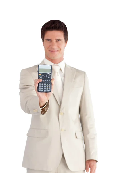 Stilig affärsman innehar en miniräknare — Stockfoto