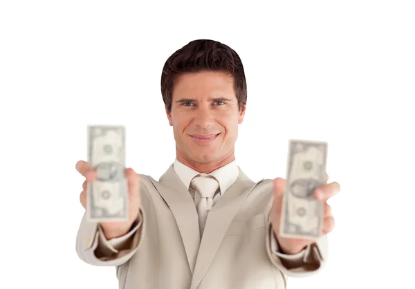 Gioioso uomo d'affari che mostra dollari — Foto Stock