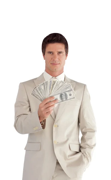 Hombre de negocios alegre mostrando dólares — Foto de Stock