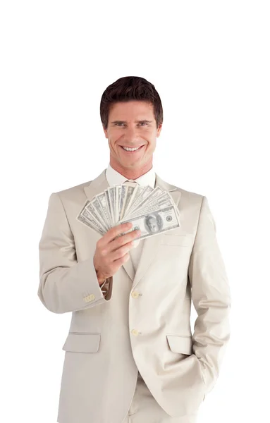 Empresário alegre mostrando dólares — Fotografia de Stock