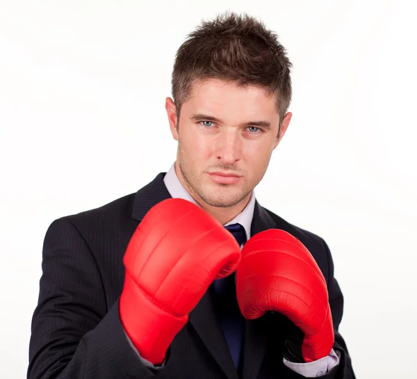 Businessman with boxing gloves on — Stock Photo, Image