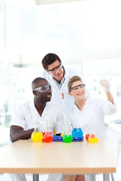 Science students examining a test-tube — Stock Photo, Image