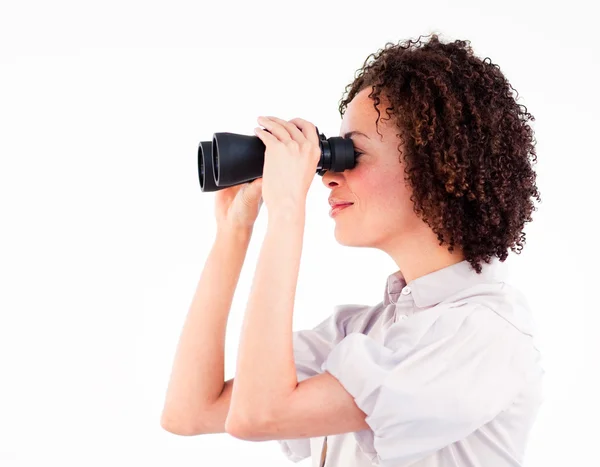 Sideways close-up of businesswoman with binoculars — Stock Photo, Image