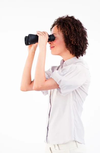 Sideways portrait of businesswoman with binoculars — Stock Photo, Image